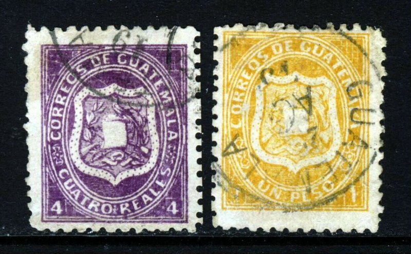 GUATEMALA 1873 The Arms Issue 4 Reales Mauve & 1 Peso Yellow SG 5 & SG 6 VFU