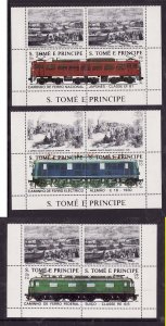 St. Thomas and Prince Islands-Sc#823-5-unused NH sheets-Trains-Locomotives-1988-