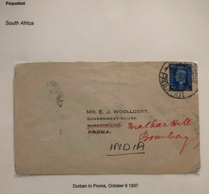 1937 Durban South Africa Paqueboat Cover To Poona India Redirected To Bombay