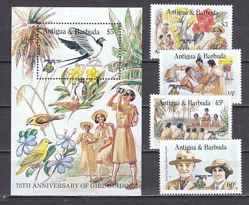 Antigua, Scott cat. 881-884, 885. Girl Guides Anniversary set & s/sheet.