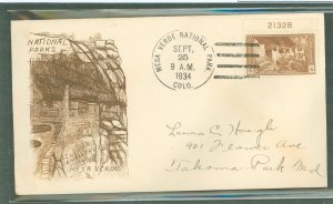 US 743 1934 4c Mesa Verde (part of the National Park Series) plate single on an addressed first day cover with a Grimsland cache
