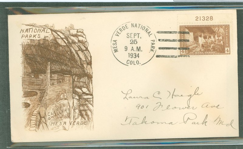 US 743 1934 4c Mesa Verde (part of the National Park Series) plate single on an addressed first day cover with a Grimsland cache