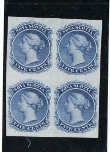 NOVA SCOTIA # 10P 5cts QUEEN VICTORIA BLOCK OF 4/ IMPERF/ BLUE EST CAT VAL $240