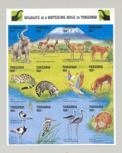 Tanzania #1000 Wildlife at Watering Hole 1v M/S of 12 Imperf Proof