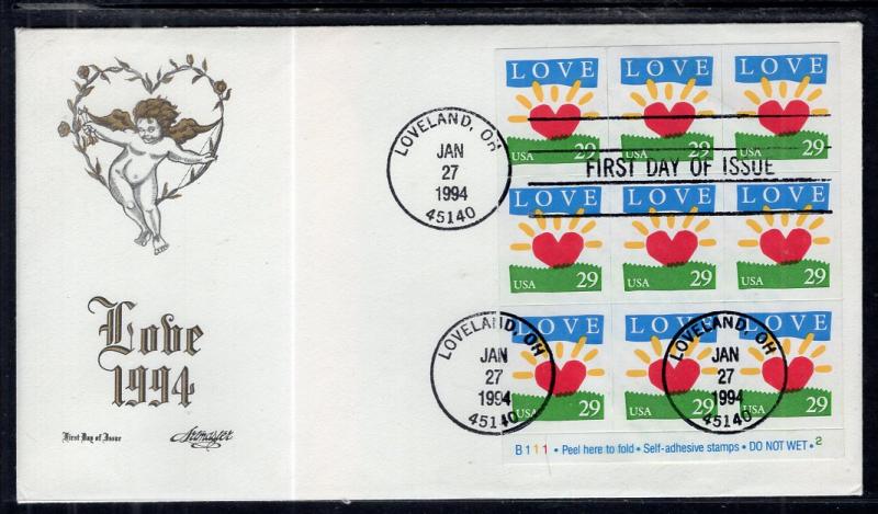 US 2813 Love Pane of Nine Artmaster U/A FDC