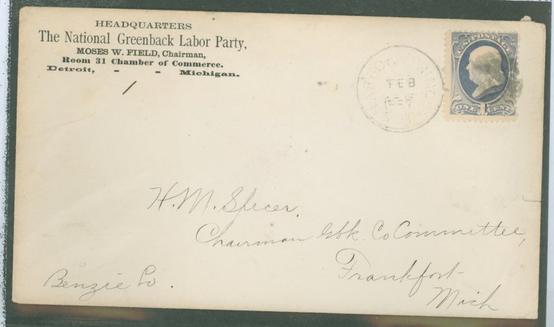 US 206 1c gray-blue Franklin (circa 1881-2) on a commercial cover sent to the Michigan State Capitol with the corner card The N