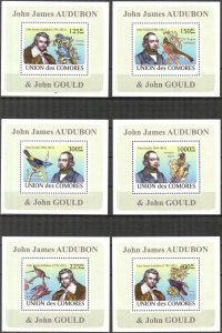 {313} Comoros 2008 Birds J.J. Audubon J. Gould 6 S/S Deluxe MNH**