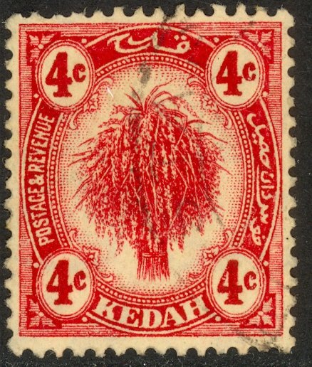 MALAYA KEDAH 1921-36 4c Carmine SHEAF OF RICE Pictorial Sc 28 VFU