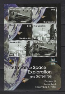 Gambia #3149  (2008 Pioneer Satellites strip of 3 sheet of 2) VFMNH CV $13.50