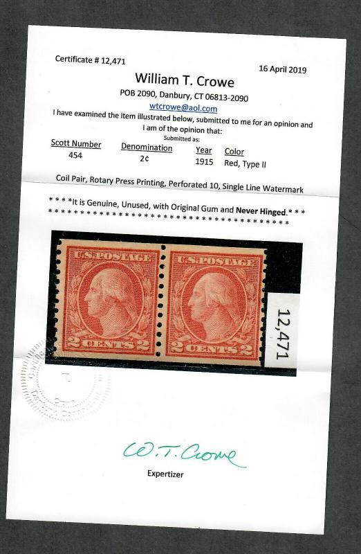 US Sc#454 M/NH/F-VF, Coil Pair-Crowe Cert, Cv. $360