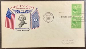 848 Fidelity cachet George Washington Coil,  Presidential Series  FDC 1939