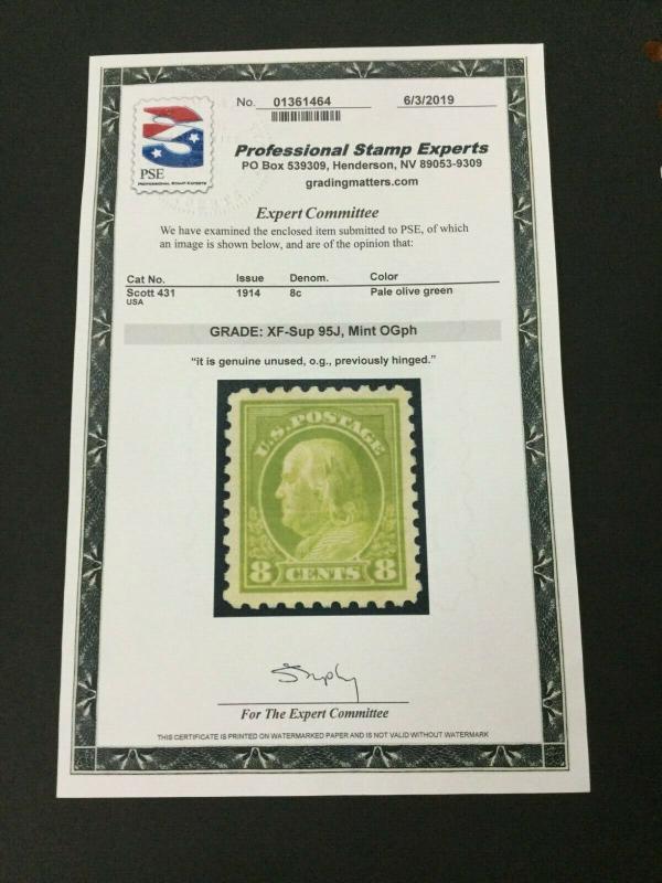 MOMEN: US STAMPS #431 MINT OG LH PSE CERT GRADED XF-SUP 95J