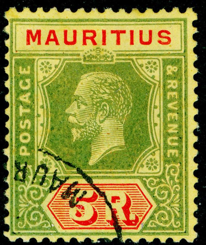 MAURITIUS SG240, 5r green & red/yellow, VERY FINE USED. Cat £100. WMK SCRIPT.