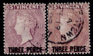 ST. VINCENT QV SG63 + 63a, 3d on 1d SHADE VARIETIES, VERY FINE USED CDS. Cat £78