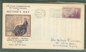 US 737 1934 3c Mother's Day (Whistler's Mother) single on an addressed first day cover with a Kapner cachet.