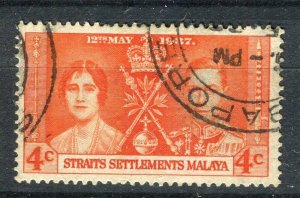 STRAIGHTS SETTLEMENTS; 1937 early GVI Coronation issue fine used 4c. value