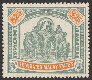 FEDERATED MALAY STATES 1904 Elephants $25 green & orange, wmk mult crown. Rare!