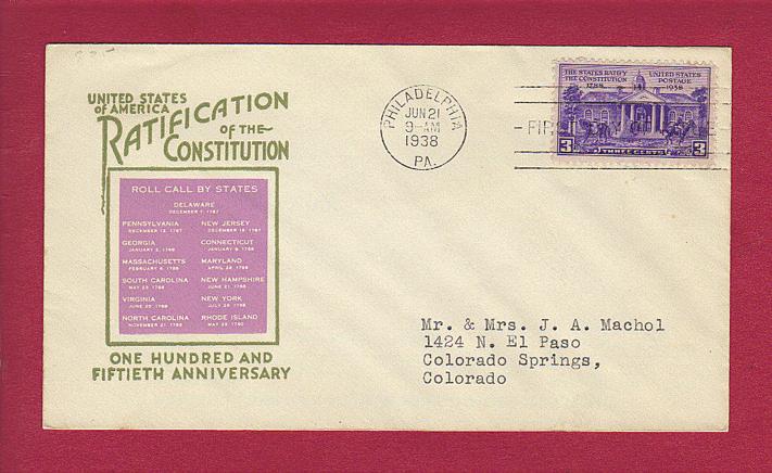 1938 3c CONSTITUTION RATIFICATION #835-P42, FDC, Ioor