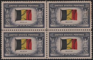 SC#914 5¢ Overrun Countries: Belgium Block of Four (1943) MHR/Toned Gum