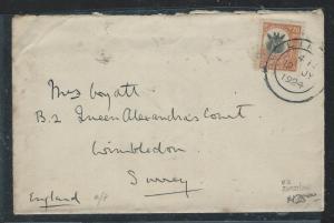 TANGANYIKA (P2609B) 1924   GIRAFFE 20C TO ENGLAND, LINDI VIA ZANZIBAR CDS TO UK 