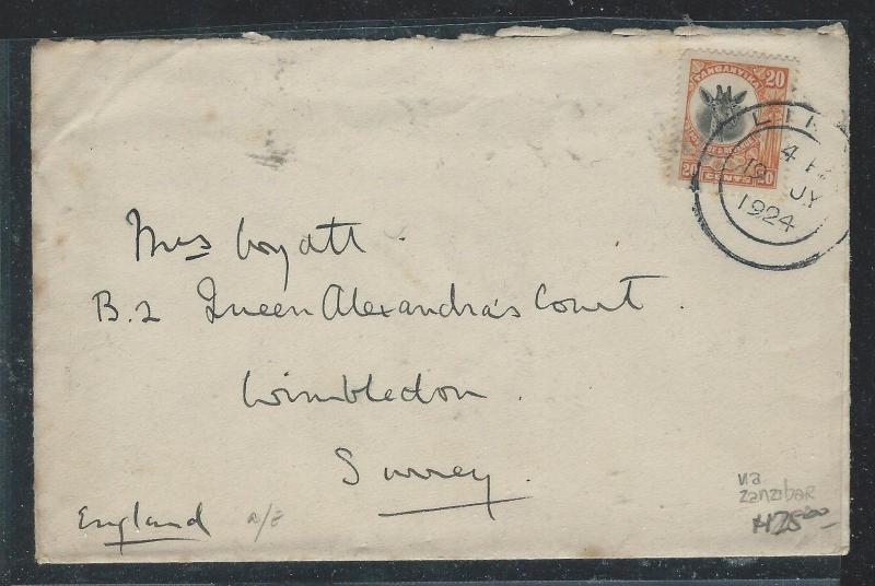 TANGANYIKA (P2609B) 1924   GIRAFFE 20C TO ENGLAND, LINDI VIA ZANZIBAR CDS TO UK