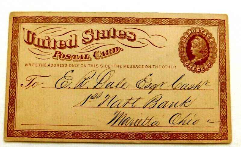 US #UX1 Postal Card, Unposted, addressed, Bank at Fond Du Luc WI, 1873