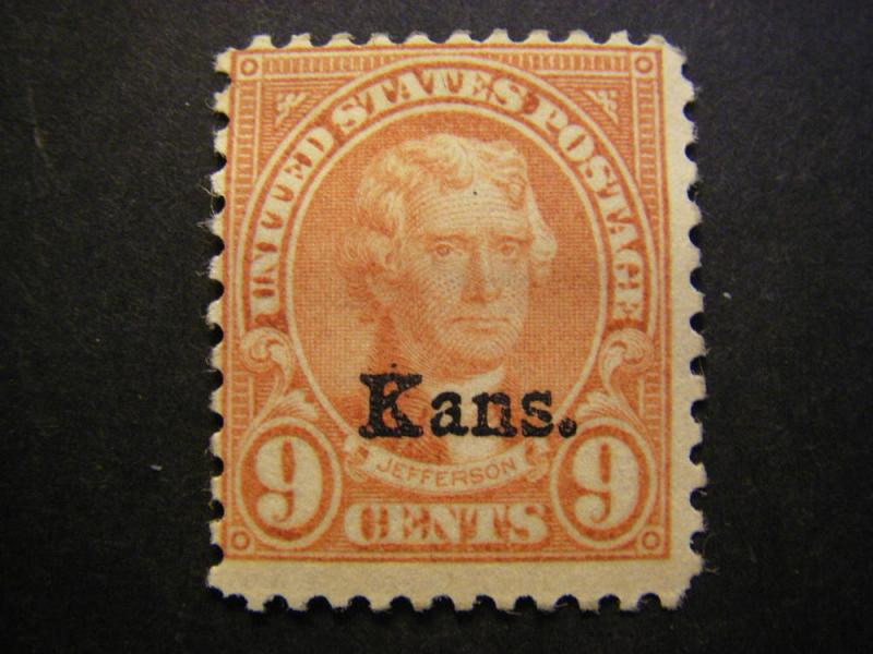 Scott 667, 9 cent Jefferson, KANS. overprint, Mint hinged