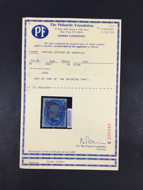 momen: US Stamps #86 Used PF & PSE Graded XF-90 LOT #87746