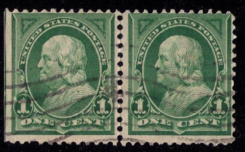 US Sc 279 Used Dark Ylw Green Vert. Pair Natural Straight Edge R F-VF