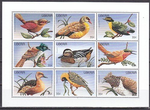 Liberia, Scott cat. 1214 a-i. Birds sheet of 9. ^