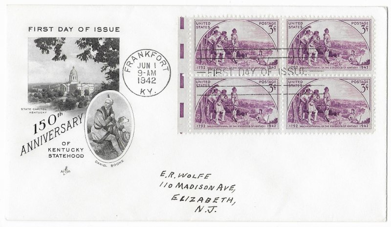 #904 FDC, 3c Kentucky 150th, Art Craft cachet, block of 4