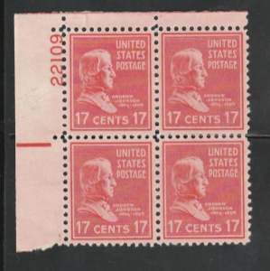 U.S. Scott #822 Johnson Stamp - Mint NH Plate Block