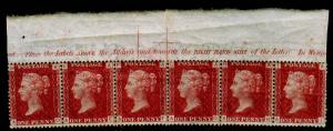 SG44, 1d lake-red plate 105, NH MINT. Cat £420++ MARGINAL INSCRIPTION STRIP OF 6