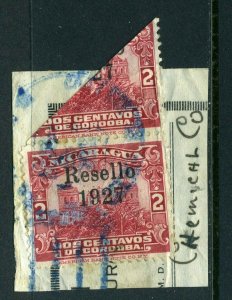 Nicaragua 1927 Cathedral 2¢ Resello Used as half on piece T747 ⭐⭐⭐⭐⭐⭐