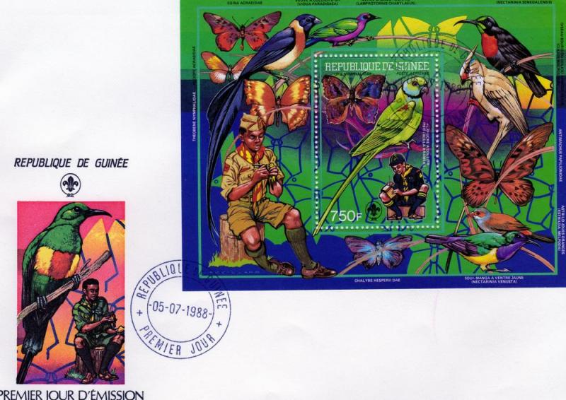 Guinea 1988 Birds & Scouts s/s Perforated in official FDC