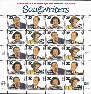 US Scott #3100-3103 1996 MNH 32c Songwriters Pane of 20 Full Sheet