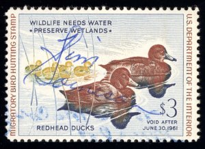 US Scott RW27 Used $3 1960 Hunting Permit Red Head Duck T834 bhmstamps