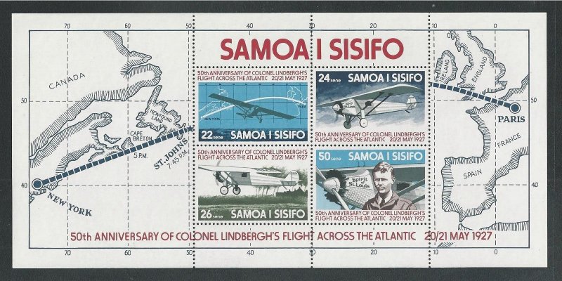 Samoa MNH S/S 453a Lindbergh's Trans Atlantic Flight Plans 1977