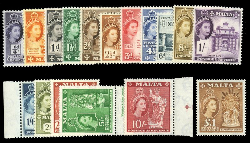 Malta #246-262 Cat$127.25, 1956-57 QEII, complete set, never hinged