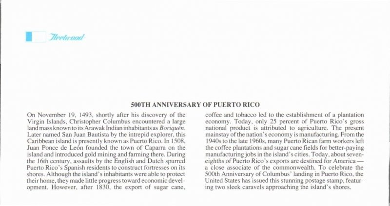 FLEETWOOD - PUERTO RICO 500TH NOV 19 1993 SAN JUAN PR FIRST DAY COVER (FDC) BX8