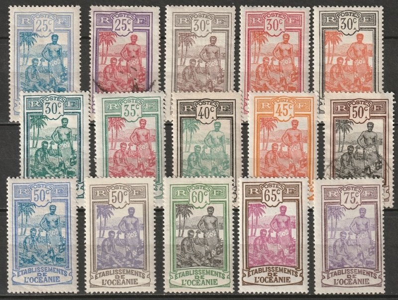 French Polynesia 1913-27 Sc 33-47 set mid values MH*/used some disturbed gum