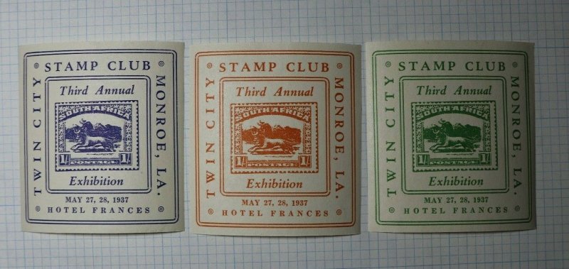 Twin City Stamp Club Monroe LA 1937 South Africa Philatelic Souvenir Ad Label