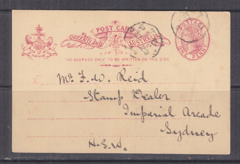 QUEENSLAND, Postal Card, 1898 1d., Octagonal cancel to F.W. Reid, Stamp Dealer.