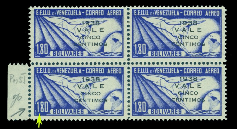 VENEZUELA 1938 AIRMAIL  5c/1,80b ultra Sc# C114 mint LH Blk 4 with PRINTING VAR.