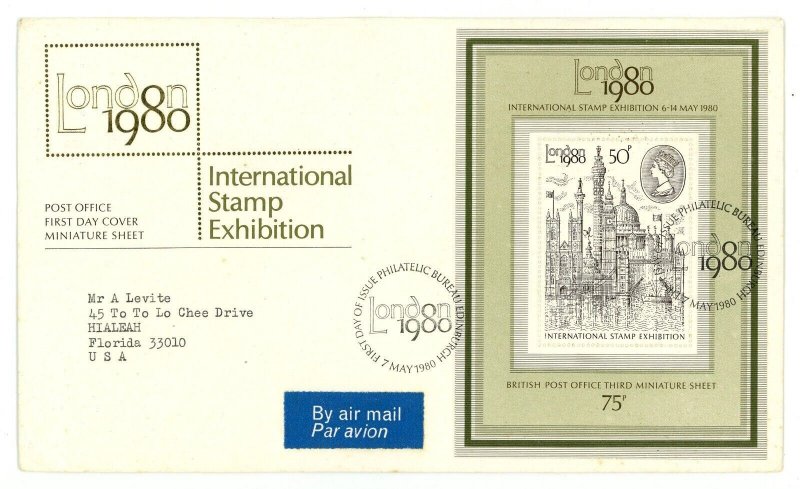 Great Britain 909a London 1980 Stamp Exhibition Souvenir Sheet FDC Airmail Cover