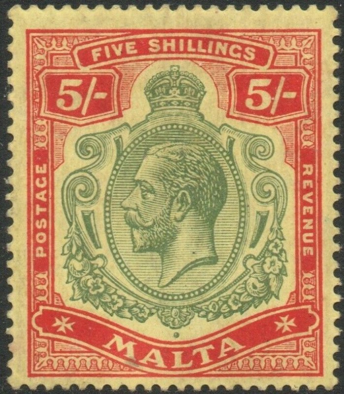 MALTA-1917 5/- Green & Red/Yellow Sg 88 toned perf lower left LMM V46465