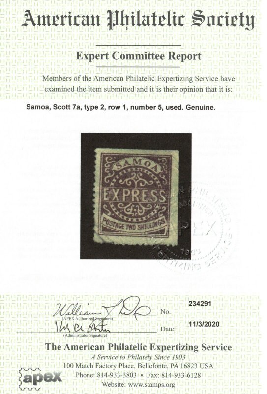 Samoa #7a Fine+ Used Corner Crease **With Certificate**
