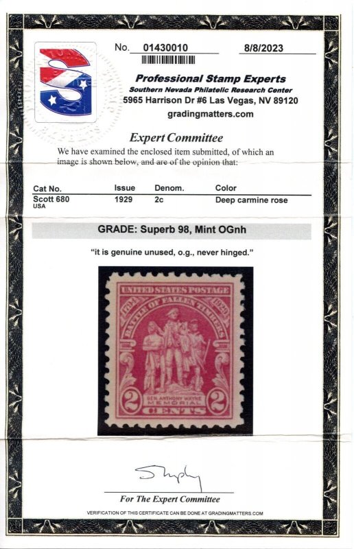 US SCOTT #680 MINT-SUPERB-OG-NH GRADED 98 W/ PSE CERT SMQ $140 (3/22/24 GP)