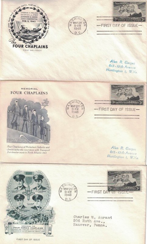 1948 FDC, #956, 3c Four Immortal Chaplains, 3 diff. cachets