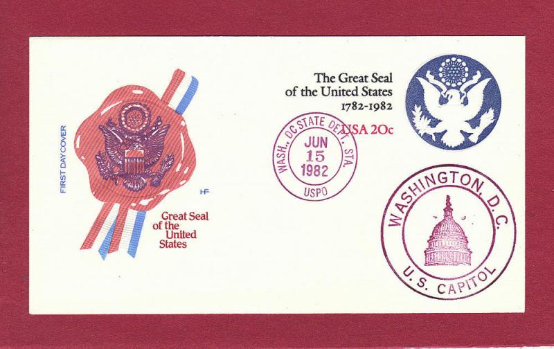 1982 20c THE GREAT SEAL #U602, FDC, Farnam